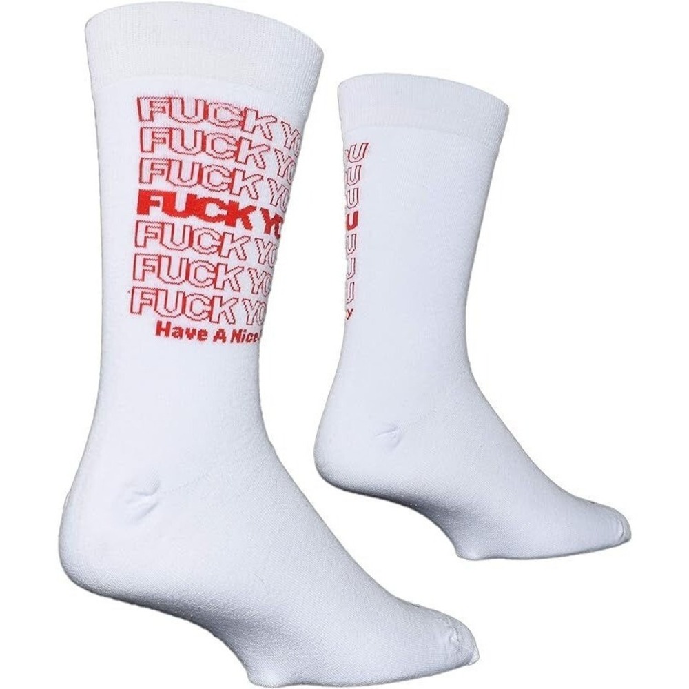 Cool Novelty Crew Socks - F*ck You - White w/ Red Print - Unisex Size Large
